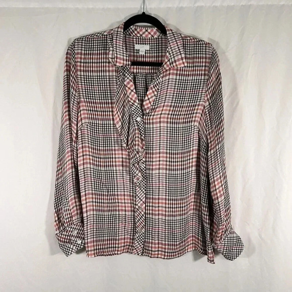 J Jill Blouse Women's Small Pink White Button Up Long Sleeve Vneck Rayon - Picture 1 of 9